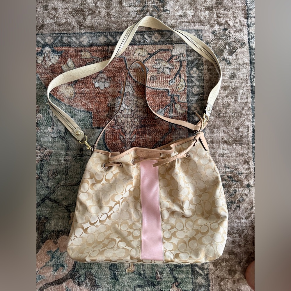 Cream and Pink Designer Shoulder Bag Coach